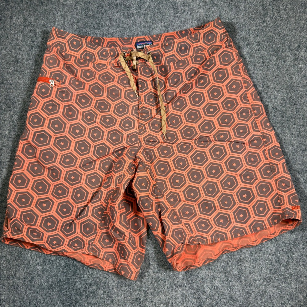 Patagonia Wavefarer Board Shorts Mens 34 Orange Geometric Hexagon Swim Trunks